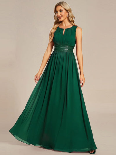 A-Line Chiffon Bridesmaid Dress with Sleeveless Round Neckline and Pleats #color_Dark Green