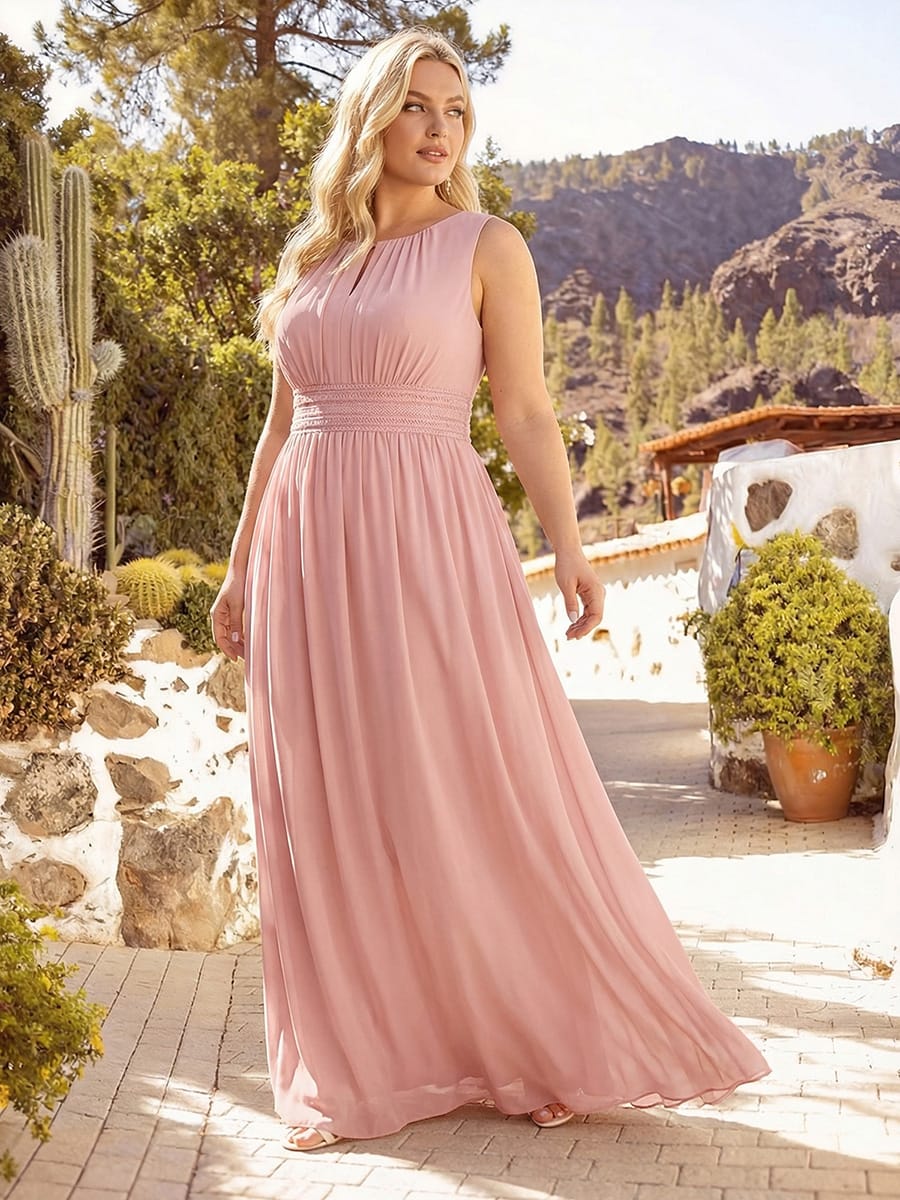 A-Line Chiffon Bridesmaid Dress with Sleeveless Round Neckline and Pleats #color_Dusty Rose