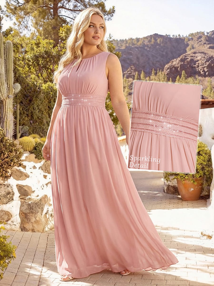 A-Line Chiffon Bridesmaid Dress with Sleeveless Round Neckline and Pleats #color_Dusty Rose