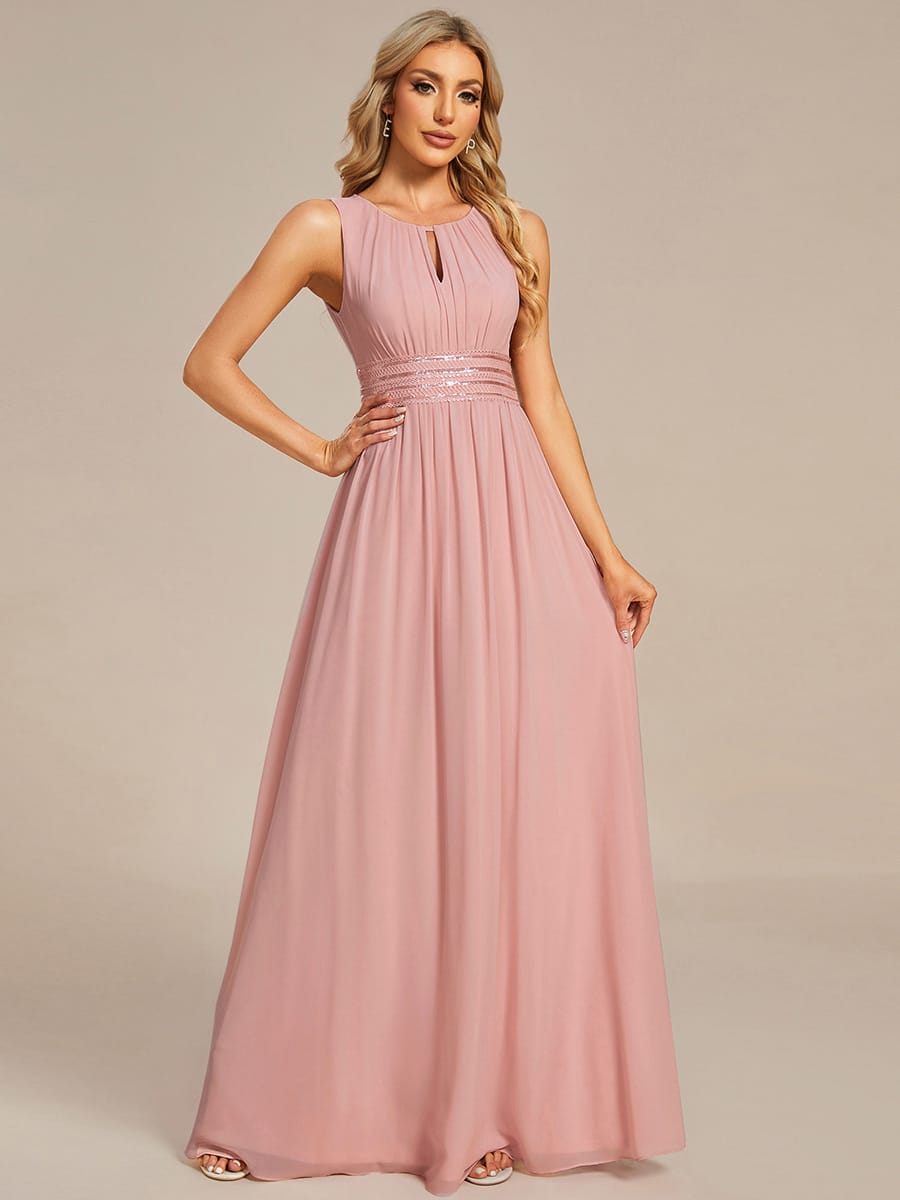 A-Line Chiffon Bridesmaid Dress with Sleeveless Round Neckline and Pleats #color_Dusty Rose