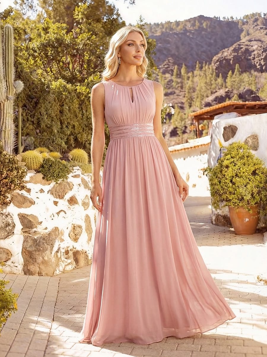 A-Line Chiffon Bridesmaid Dress with Sleeveless Round Neckline and Pleats #color_Dusty Rose