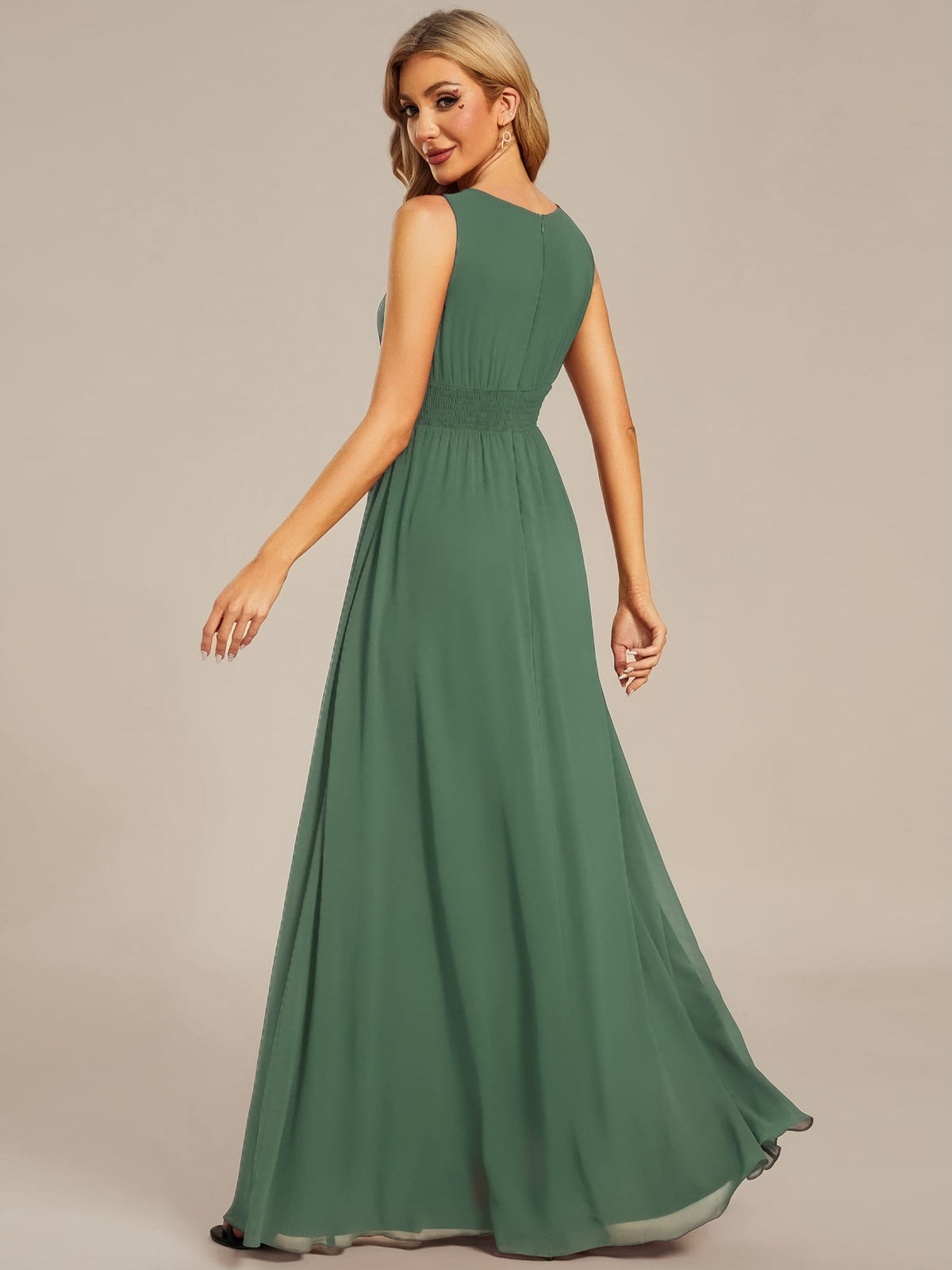 A-Line Chiffon Bridesmaid Dress with Sleeveless Round Neckline and Pleats #color_Eucalyptus Green