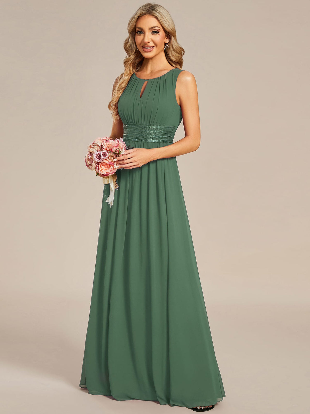 A-Line Chiffon Bridesmaid Dress with Sleeveless Round Neckline and Pleats #color_Eucalyptus Green