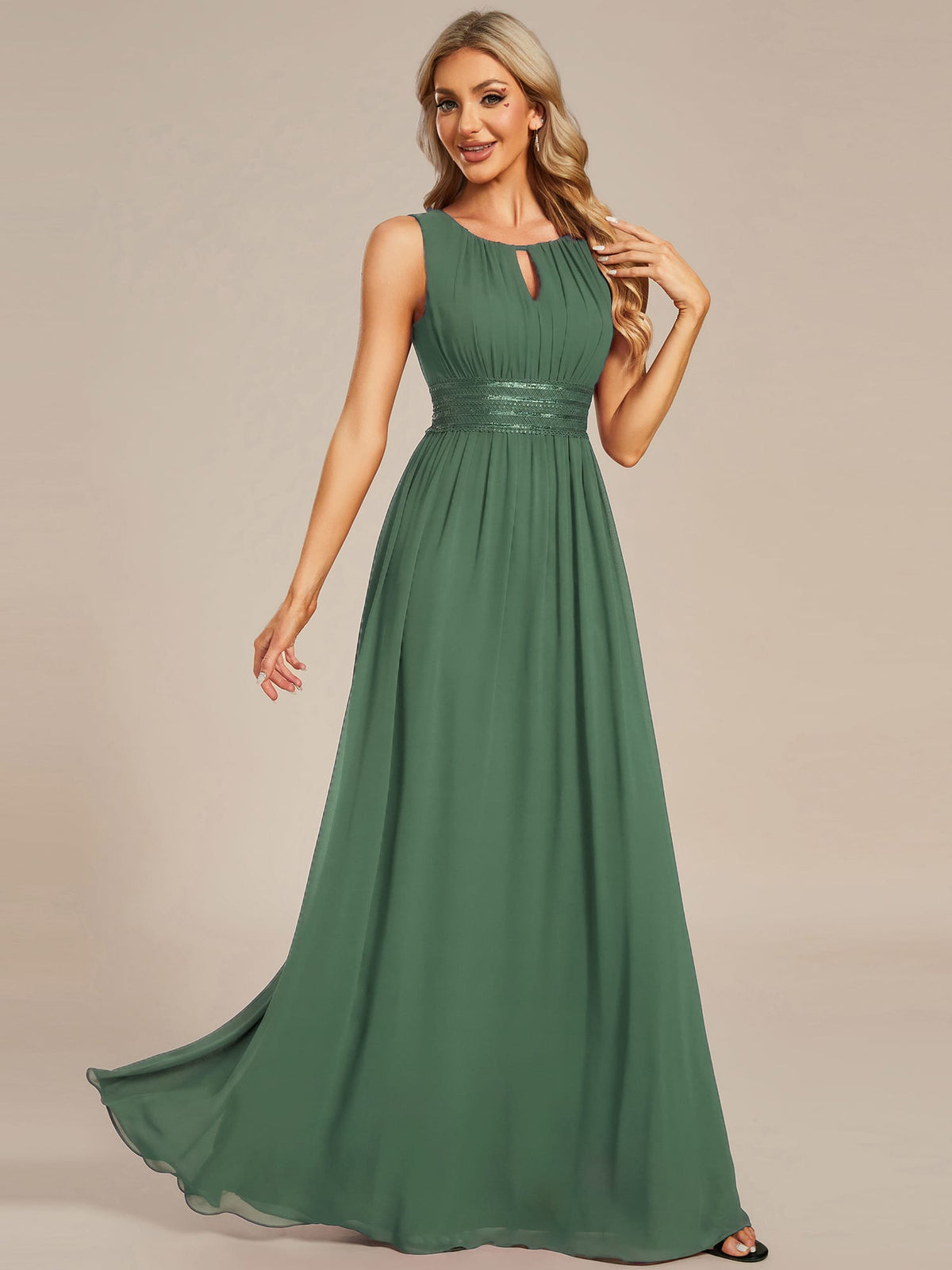A-Line Chiffon Bridesmaid Dress with Sleeveless Round Neckline and Pleats #color_Eucalyptus Green