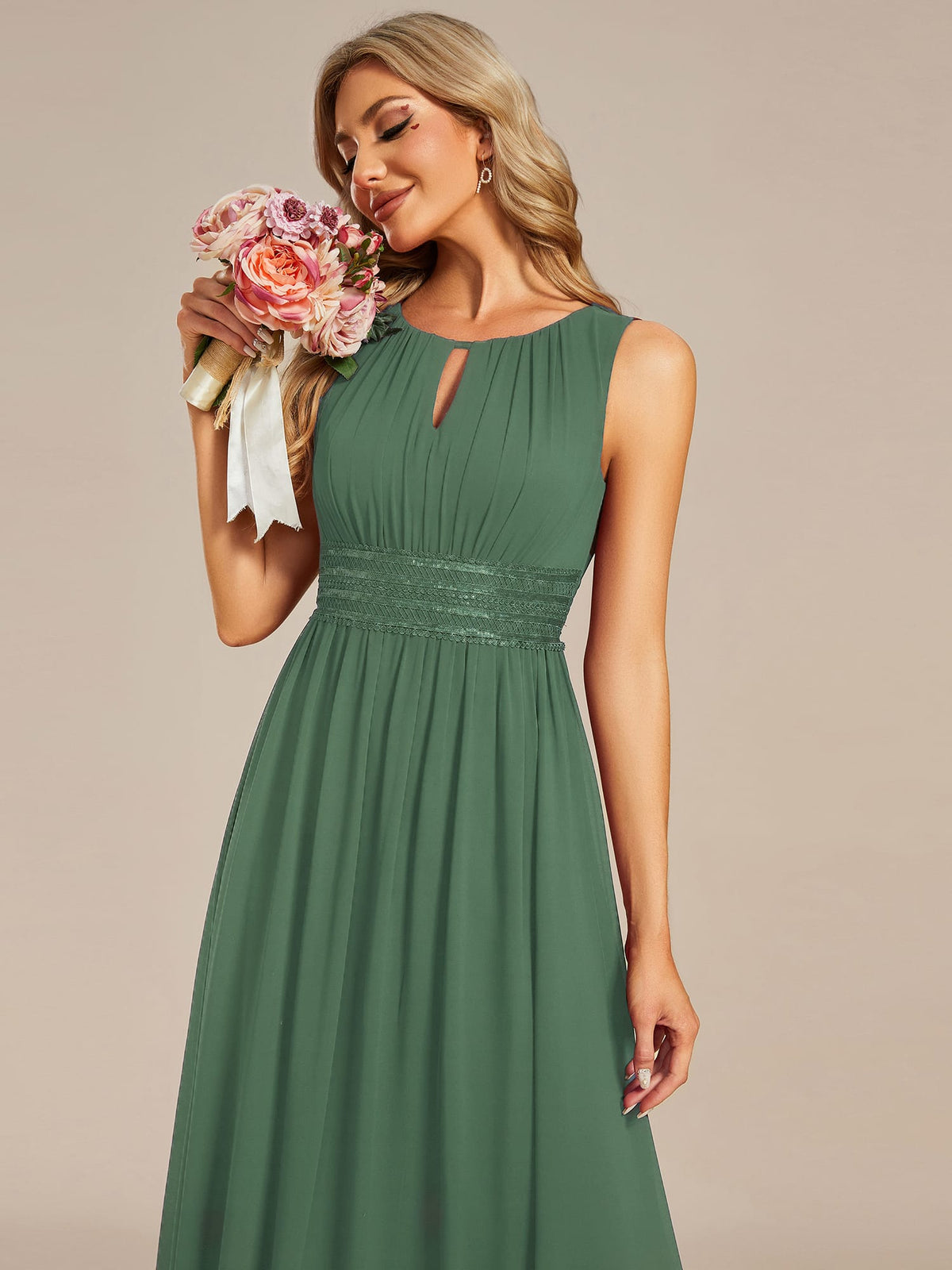 A-Line Chiffon Bridesmaid Dress with Sleeveless Round Neckline and Pleats #color_Eucalyptus Green