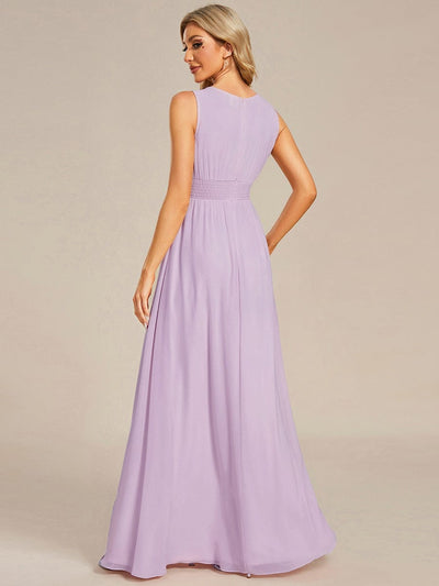 A-Line Chiffon Bridesmaid Dress with Sleeveless Round Neckline and Pleats #color_Frosted Lilac