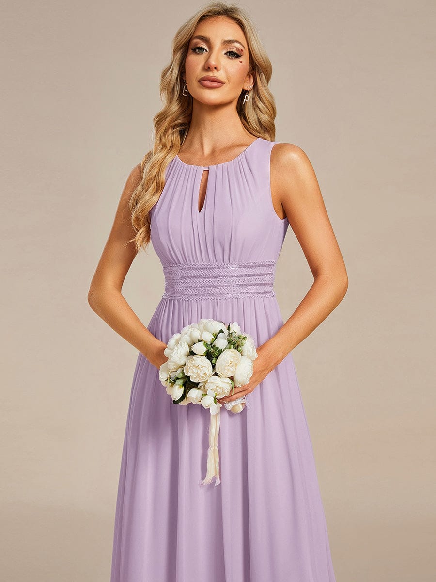 A-Line Chiffon Bridesmaid Dress with Sleeveless Round Neckline and Pleats #color_Frosted Lilac