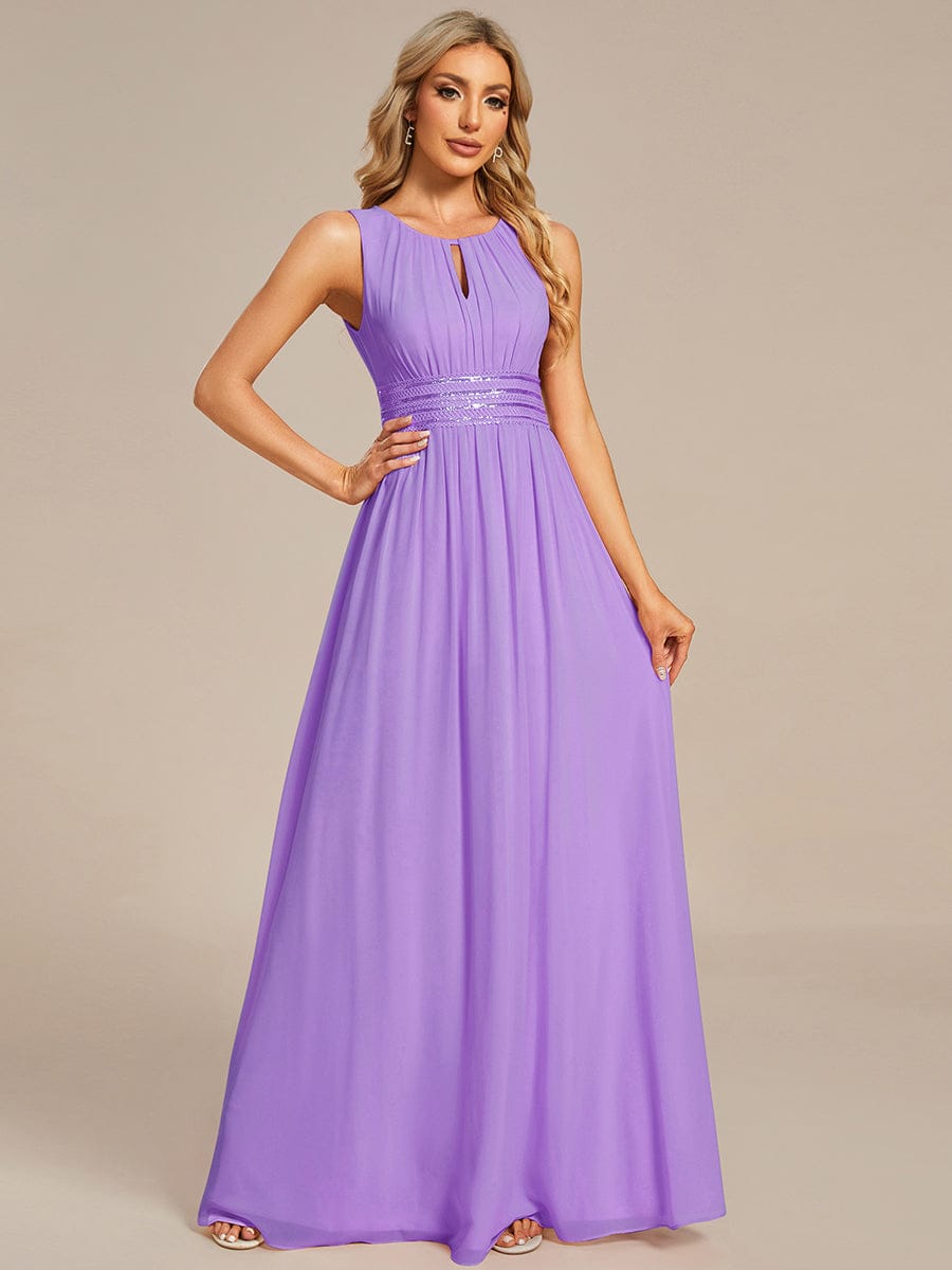 A-Line Chiffon Bridesmaid Dress with Sleeveless Round Neckline and Pleats #color_Lavender