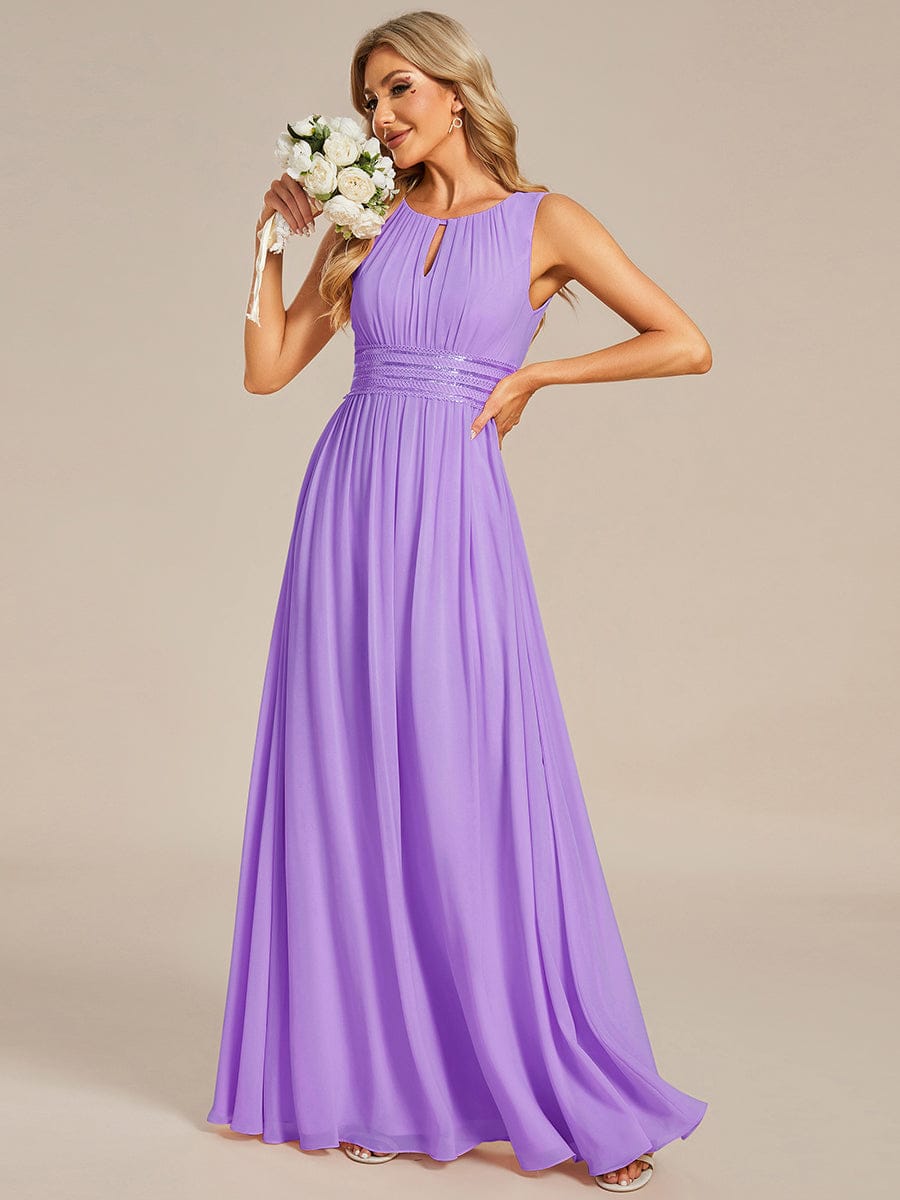 A-Line Chiffon Evening Dress with Sleeveless Round Neckline and Pleats #color_Lavender