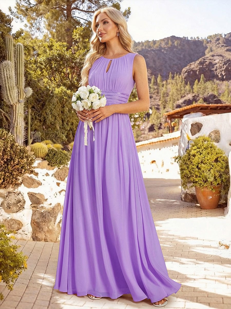 A-Line Chiffon Round Neckline Bridesmaid Dress with Sleeveless and Pleats In Pink #color_Lavender