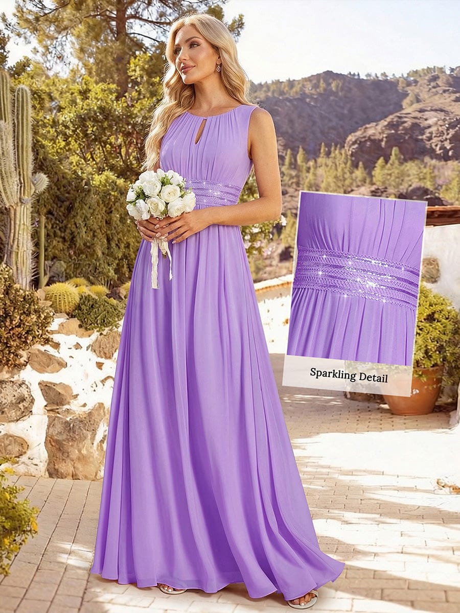 A-Line Chiffon Evening Dress with Sleeveless Round Neckline and Pleats #color_Lavender