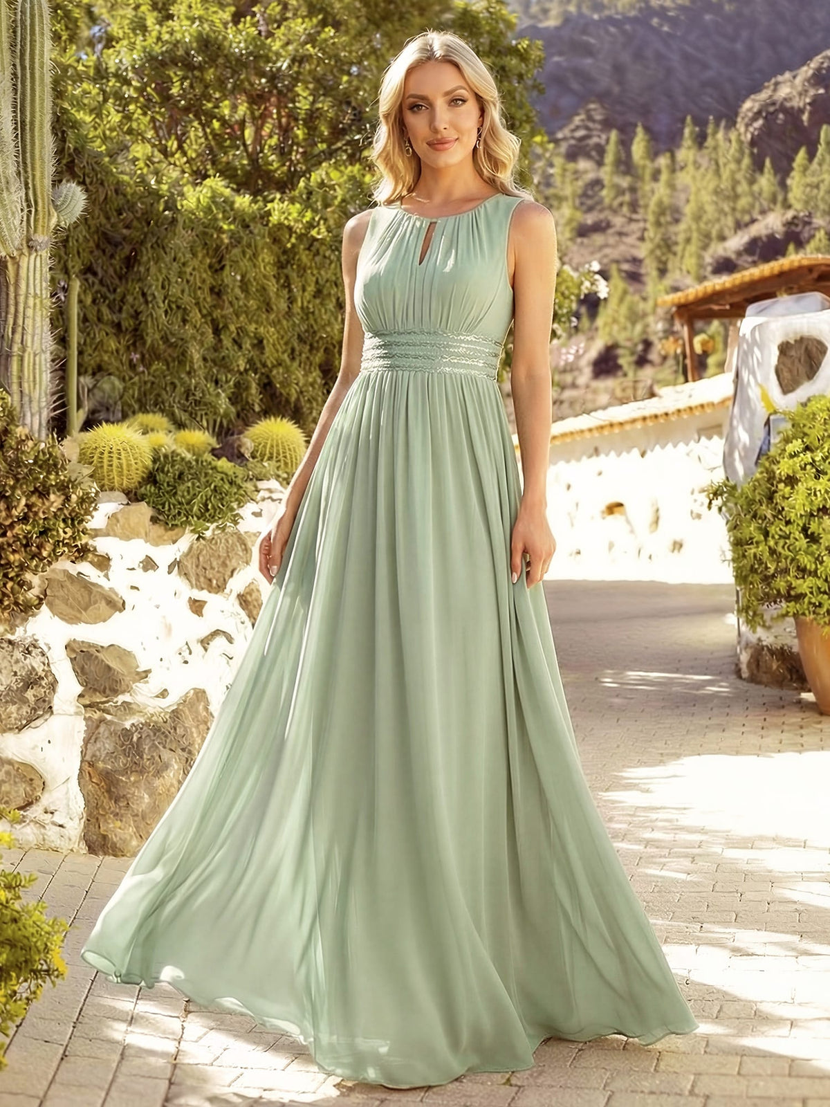 A-Line Chiffon Bridesmaid Dress with Sleeveless Round Neckline and Pleats #color_Mint Green