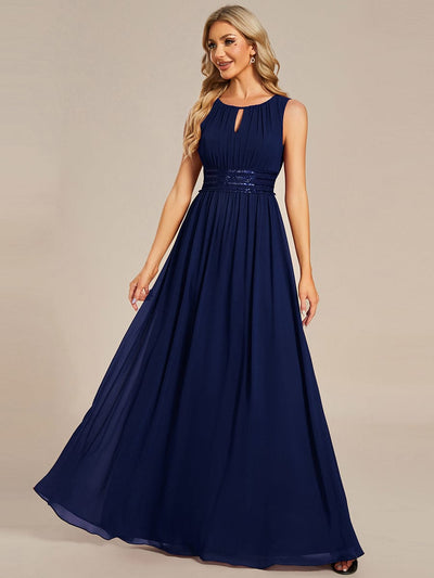 A-Line Chiffon Bridesmaid Dress with Sleeveless Round Neckline and Pleats #color_Navy Blue