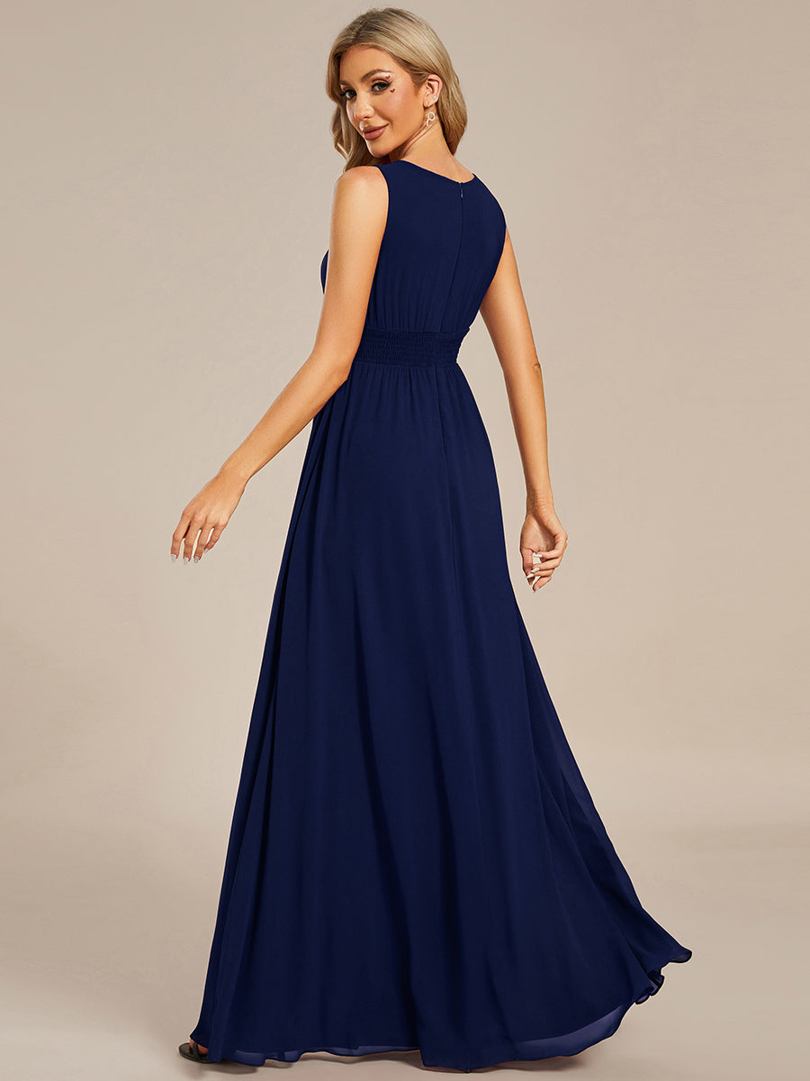 A-Line Chiffon Bridesmaid Dress with Sleeveless Round Neckline and Pleats #color_Navy Blue
