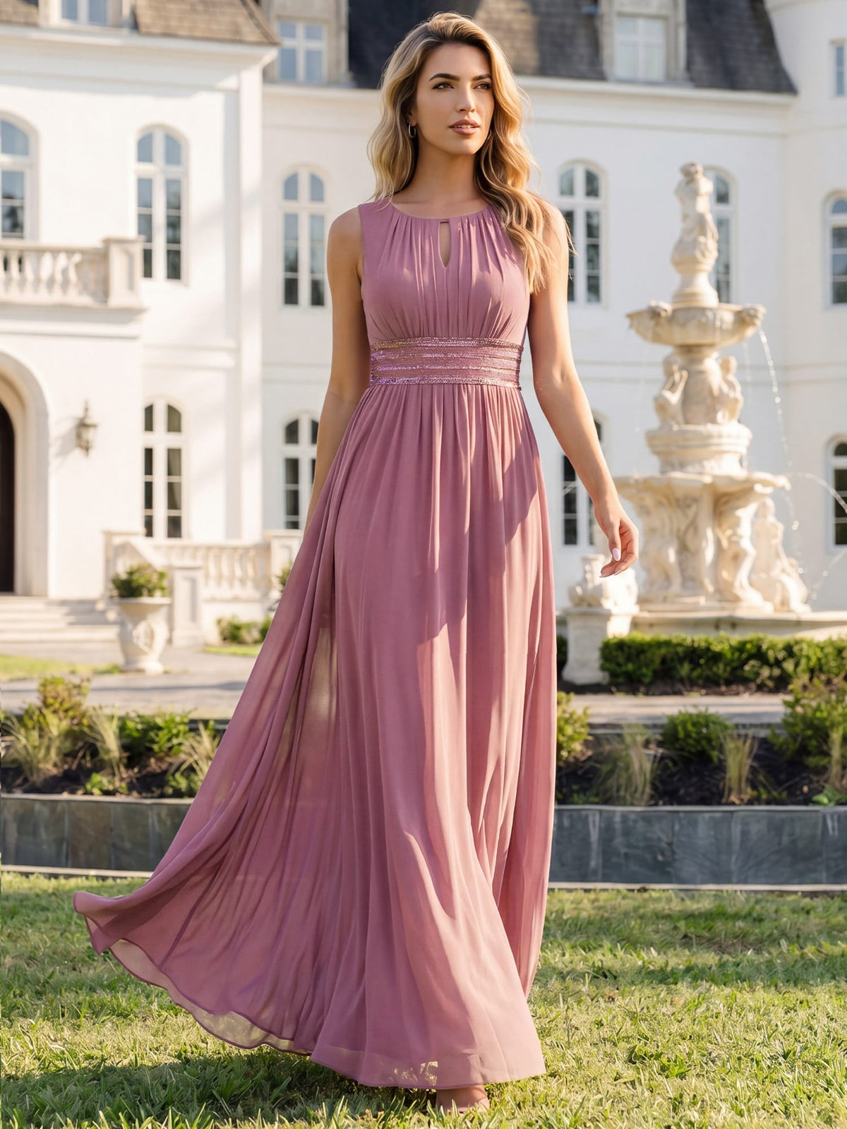 A-Line Chiffon Bridesmaid Dress with Sleeveless Round Neckline and Pleats #color_Purple Orchid