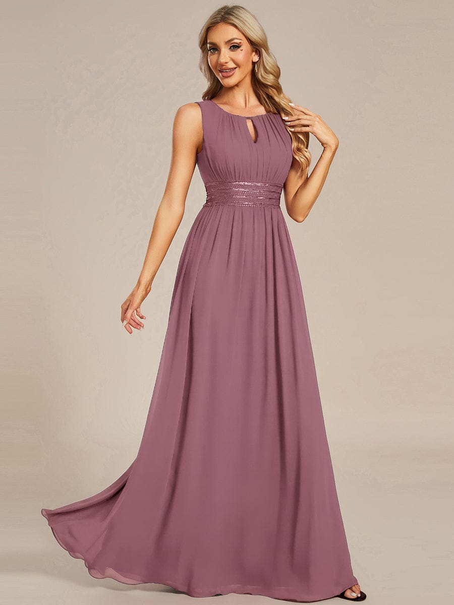 A-Line Chiffon Bridesmaid Dress with Sleeveless Round Neckline and Pleats #color_Purple Orchid
