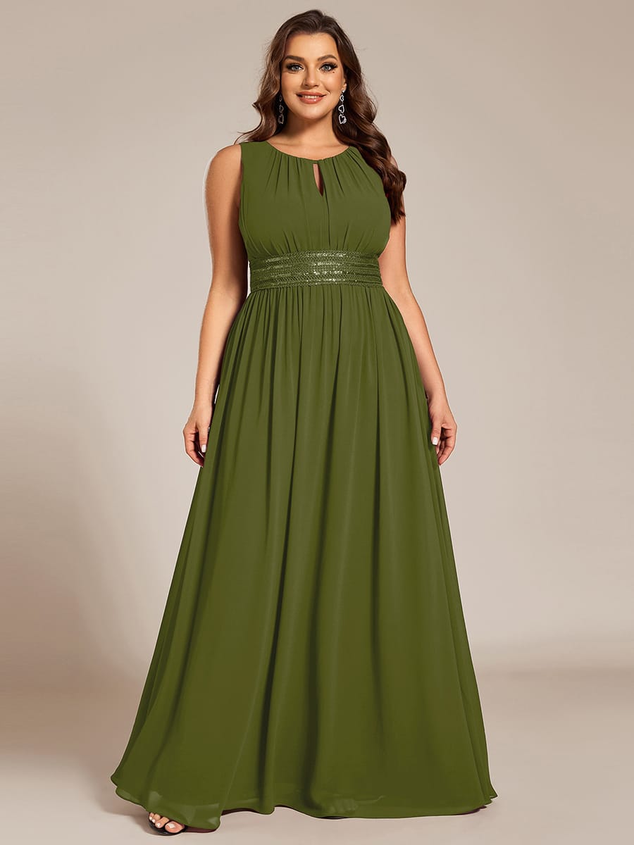 A-Line Chiffon Bridesmaid Dress with Sleeveless Round Neckline and Pleats #color_Olive Green