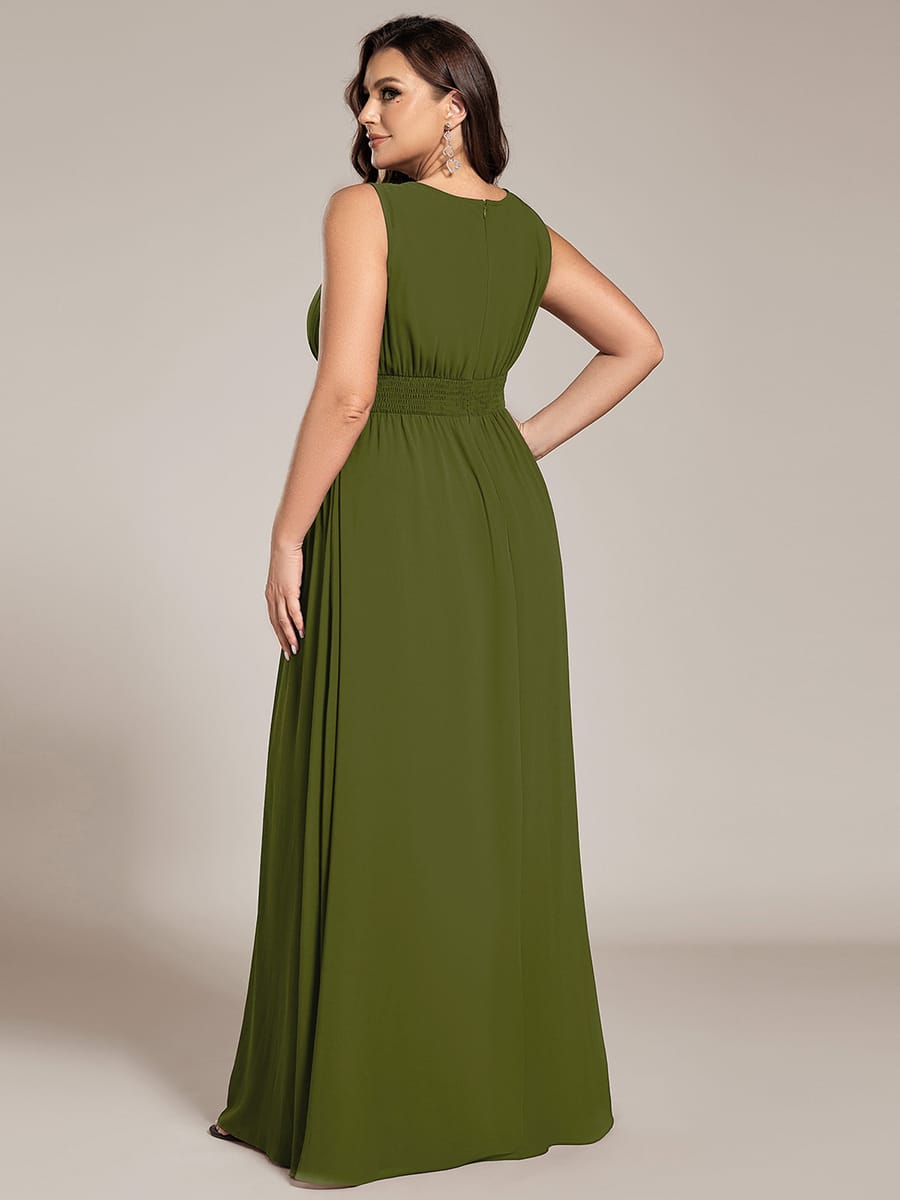 A-Line Chiffon Bridesmaid Dress with Sleeveless Round Neckline and Pleats #color_Olive Green