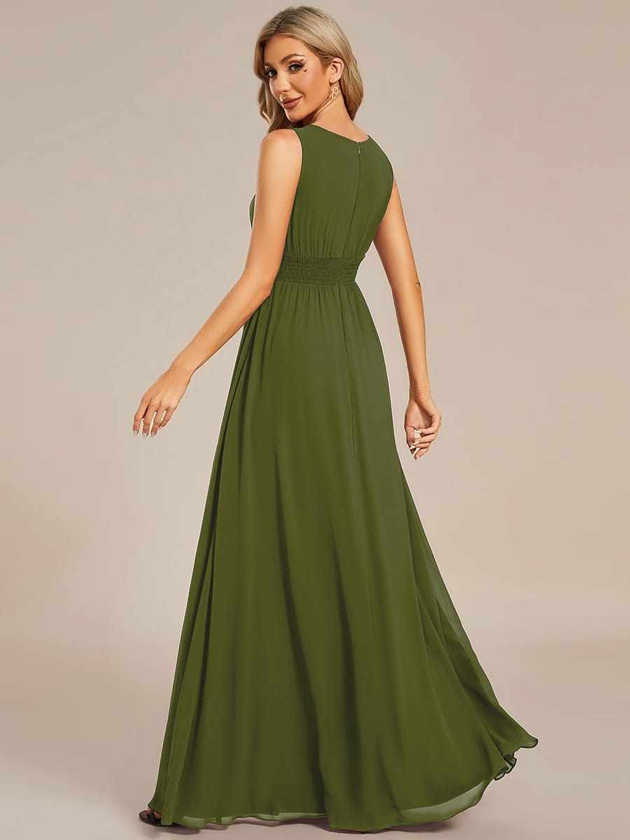 A-Line Chiffon Bridesmaid Dress with Sleeveless Round Neckline and Pleats #color_Olive Green