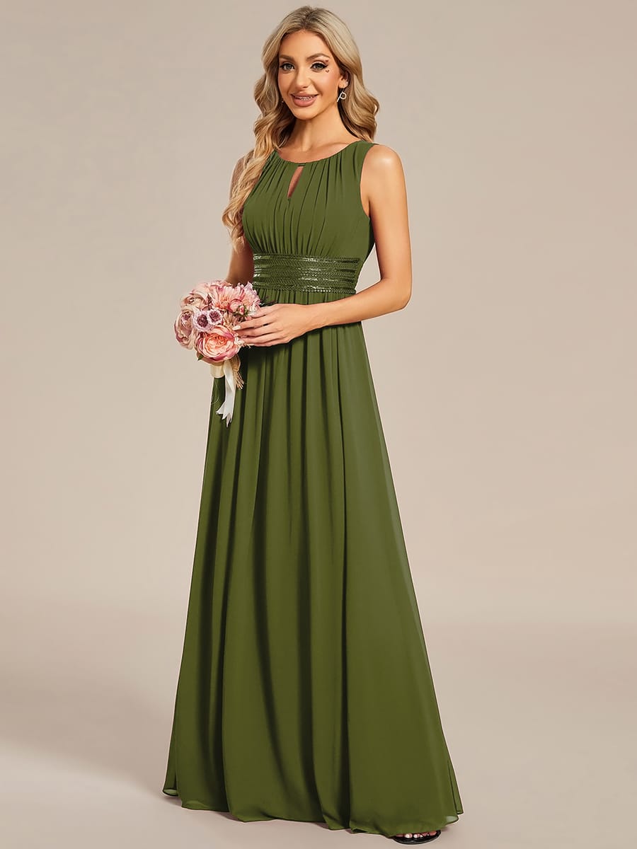 A-Line Chiffon Bridesmaid Dress with Sleeveless Round Neckline and Pleats #color_Olive Green