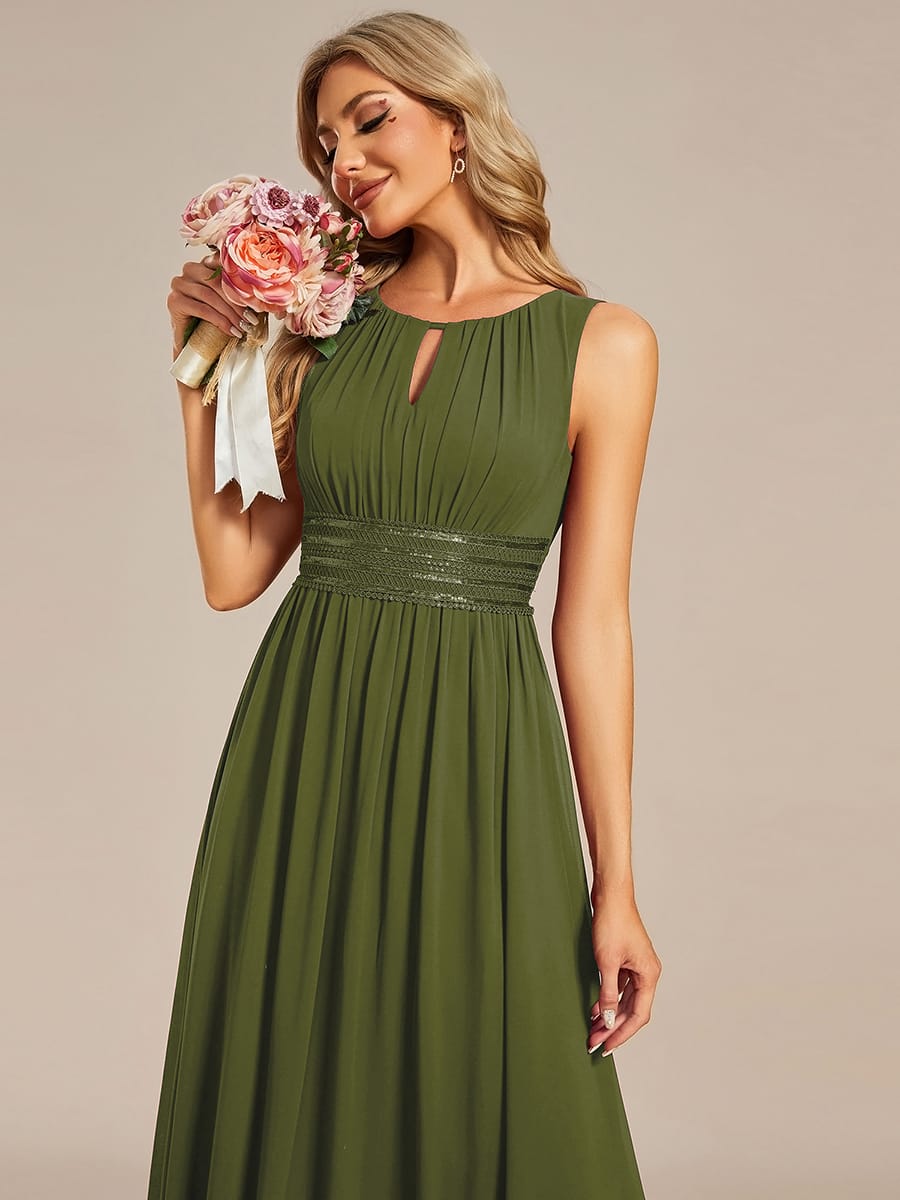 A-Line Chiffon Bridesmaid Dress with Sleeveless Round Neckline and Pleats #color_Olive Green