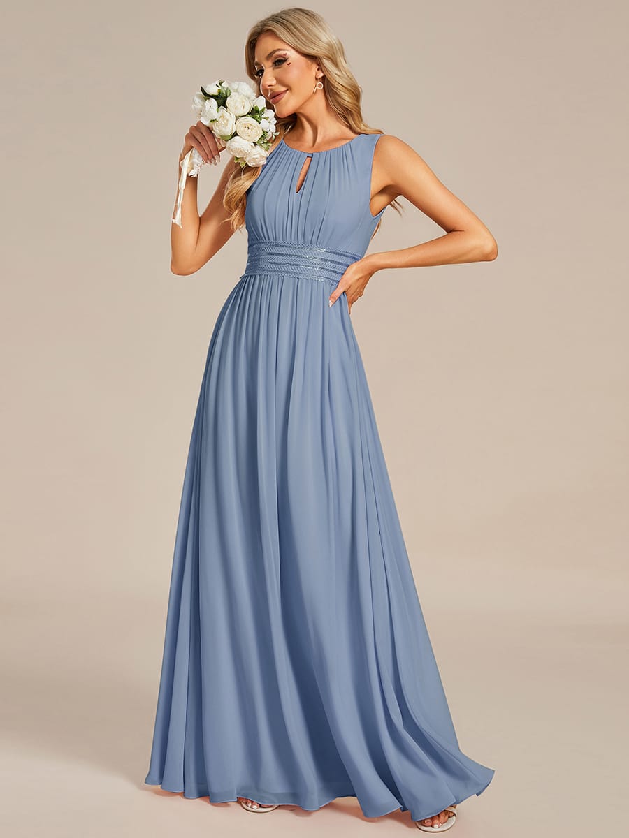 A-Line Chiffon Bridesmaid Dress with Sleeveless Round Neckline and Pleats #color_Slate Blue