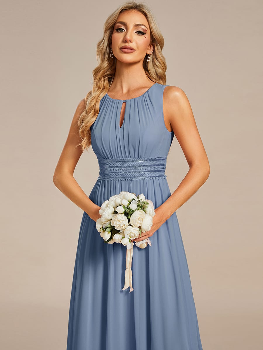 A-Line Chiffon Bridesmaid Dress with Sleeveless Round Neckline and Pleats #color_Slate Blue