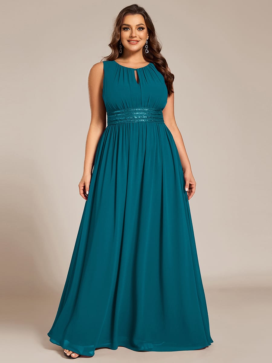 A-Line Chiffon Bridesmaid Dress with Sleeveless Round Neckline and Pleats #color_Teal Blue