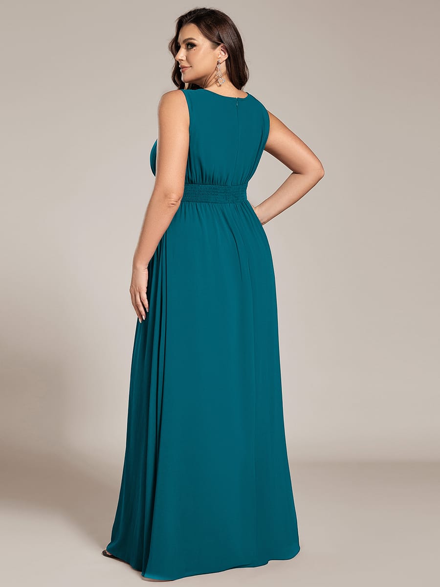 A-Line Chiffon Bridesmaid Dress with Sleeveless Round Neckline and Pleats #color_Teal Blue