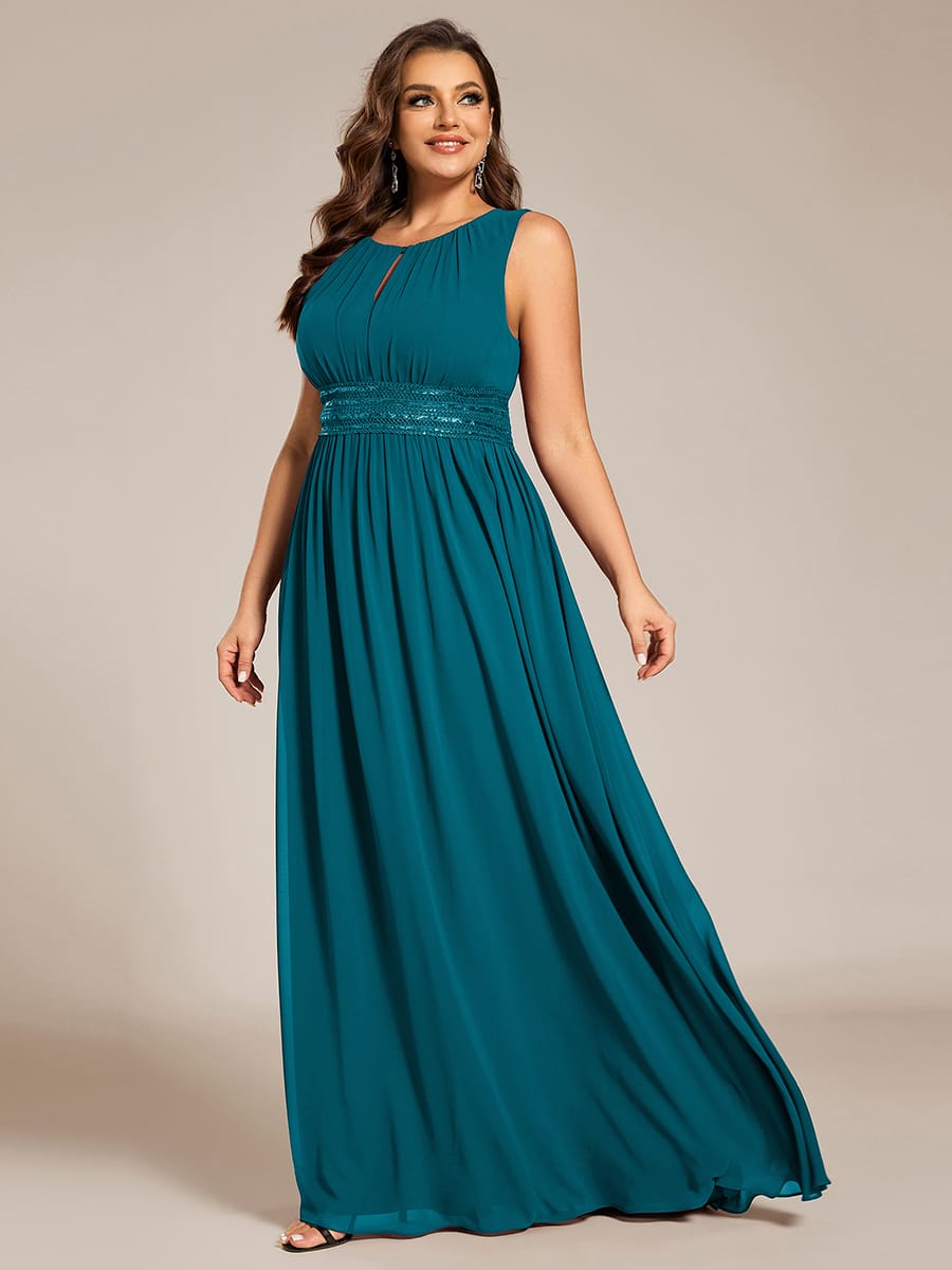 A-Line Chiffon Bridesmaid Dress with Sleeveless Round Neckline and Pleats #color_Teal Blue