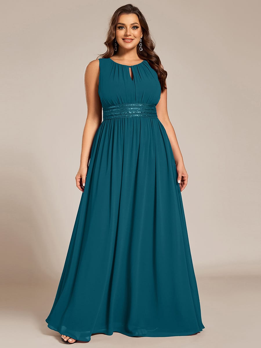 A-Line Chiffon Bridesmaid Dress with Sleeveless Round Neckline and Pleats #color_Teal Blue