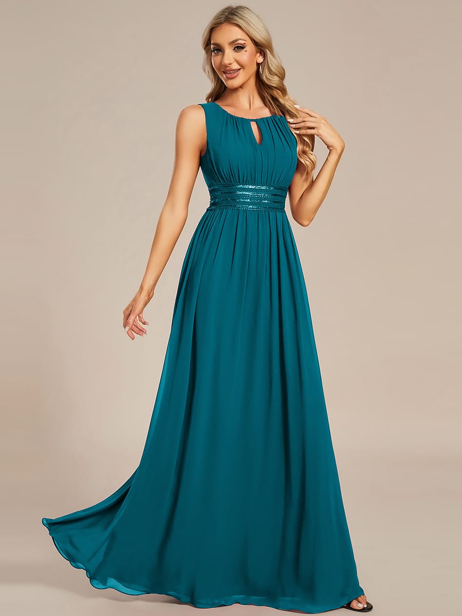 A-Line Chiffon Bridesmaid Dress with Sleeveless Round Neckline and Pleats #color_Teal Blue