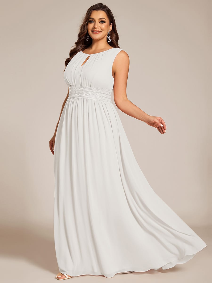 A-Line Chiffon Bridesmaid Dress with Sleeveless Round Neckline and Pleats #color_White
