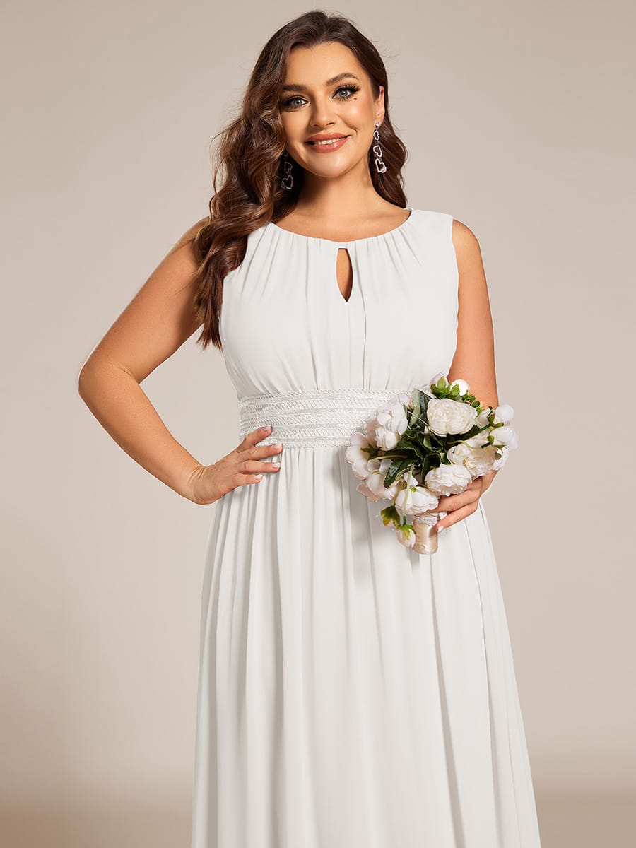 A-Line Chiffon Bridesmaid Dress with Sleeveless Round Neckline and Pleats #color_White