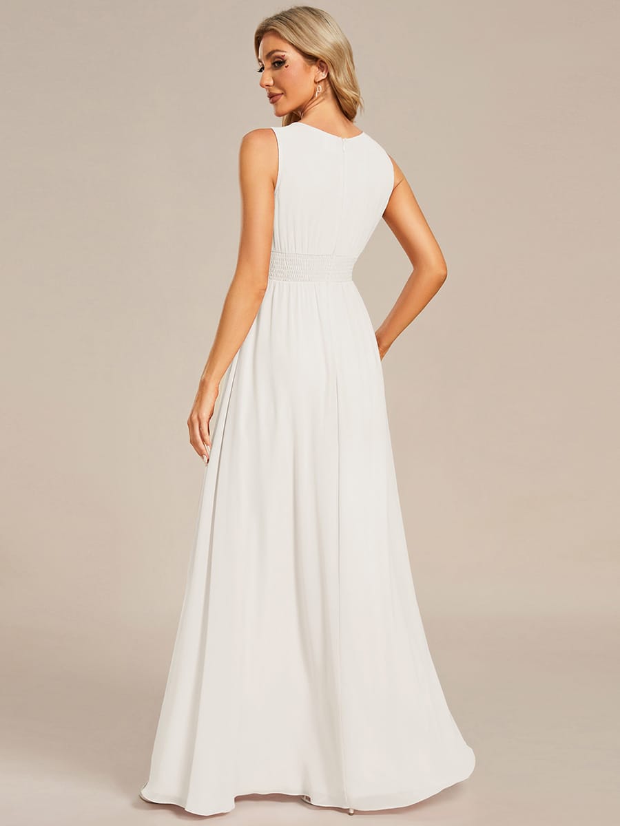 A-Line Chiffon Bridesmaid Dress with Sleeveless Round Neckline and Pleats #color_White