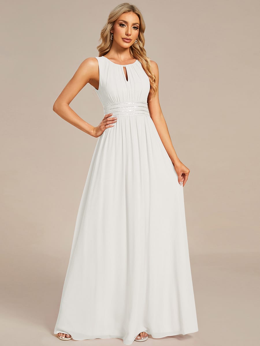 A-Line Chiffon Bridesmaid Dress with Sleeveless Round Neckline and Pleats #color_White