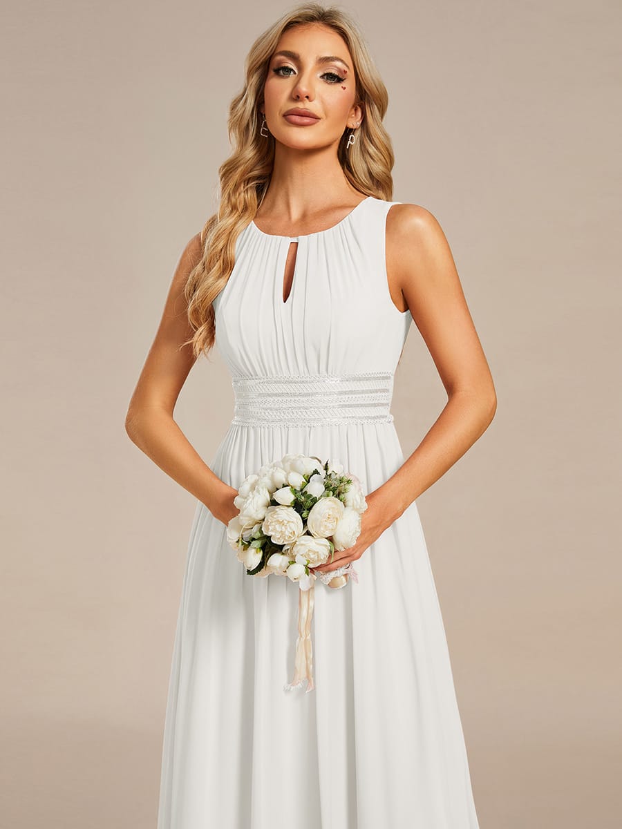 A-Line Chiffon Bridesmaid Dress with Sleeveless Round Neckline and Pleats #color_White