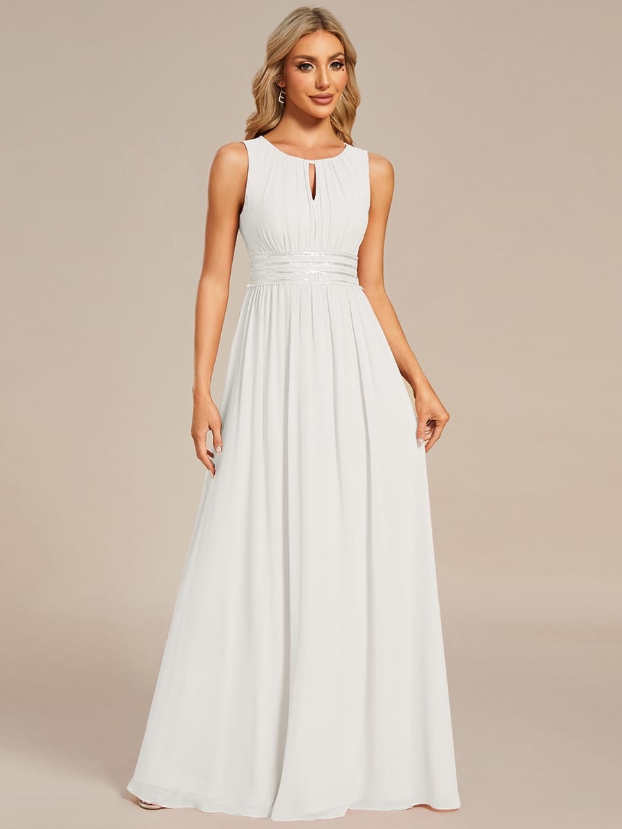 A-Line Chiffon Bridesmaid Dress with Sleeveless Round Neckline and Pleats #color_White
