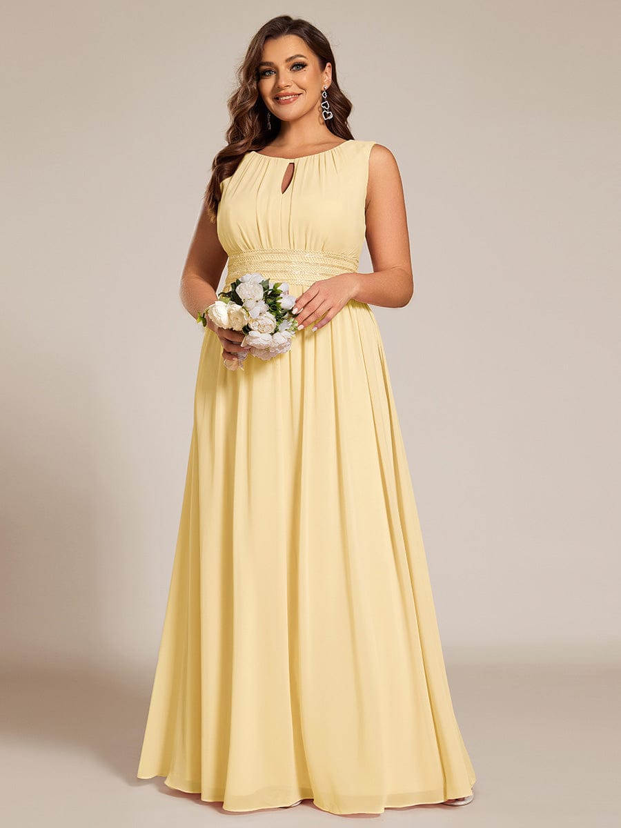 A-Line Chiffon Bridesmaid Dress with Sleeveless Round Neckline and Pleats #color_Yellow
