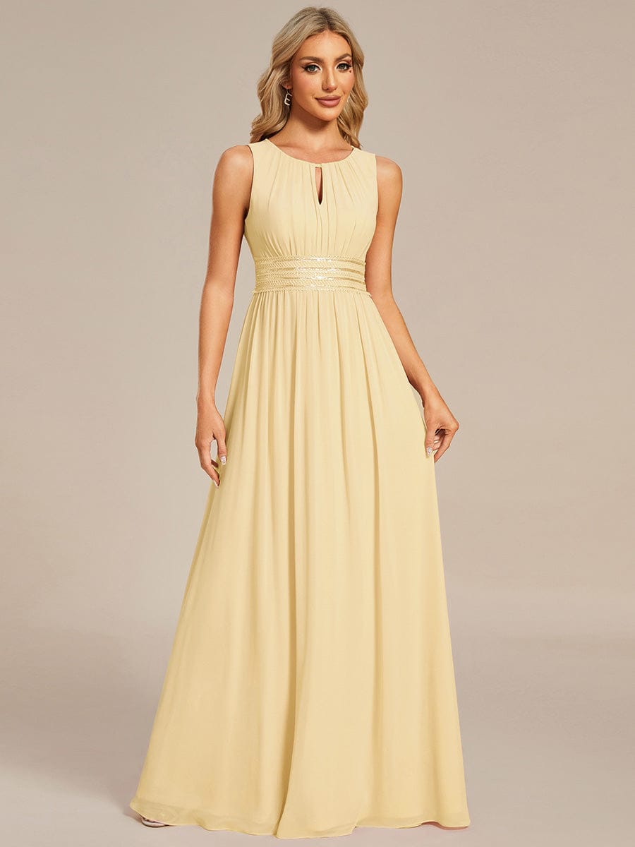 A-Line Chiffon Bridesmaid Dress with Sleeveless Round Neckline and Pleats #color_Yellow