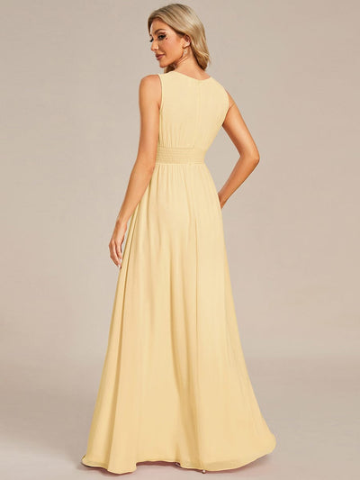 A-Line Chiffon Bridesmaid Dress with Sleeveless Round Neckline and Pleats #color_Yellow