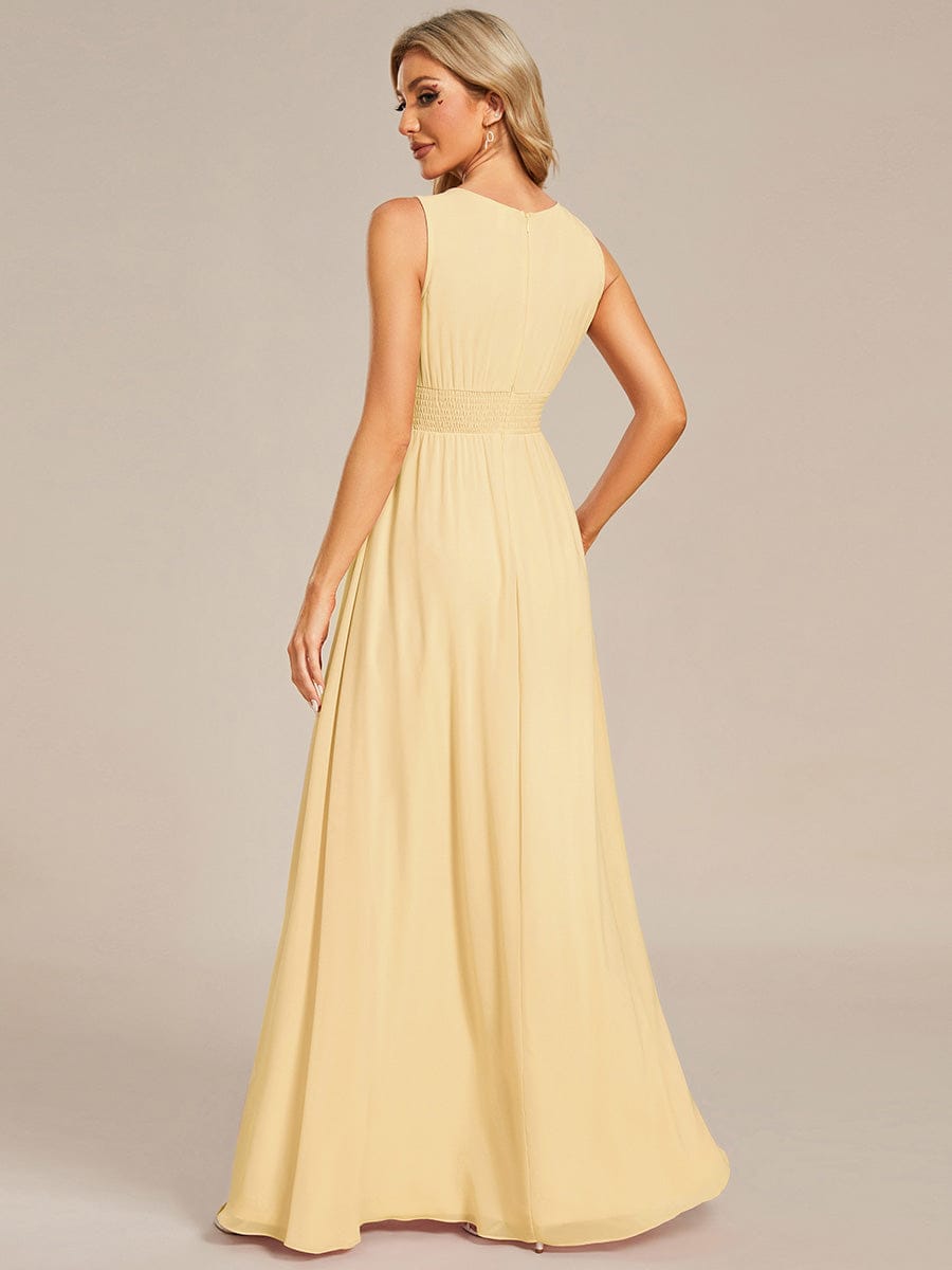 A-Line Chiffon Bridesmaid Dress with Sleeveless Round Neckline and Pleats #color_Yellow