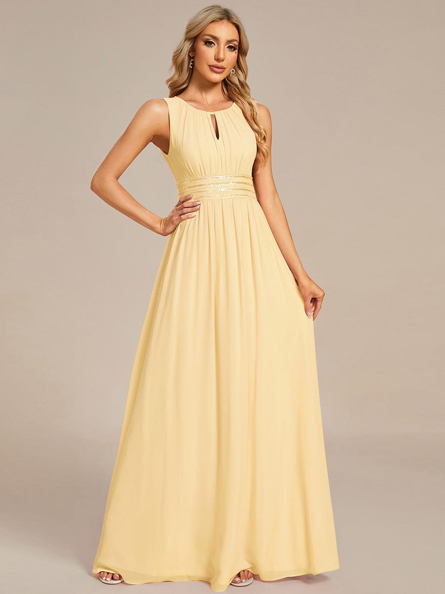 A-Line Chiffon Bridesmaid Dress with Sleeveless Round Neckline and Pleats #color_Yellow