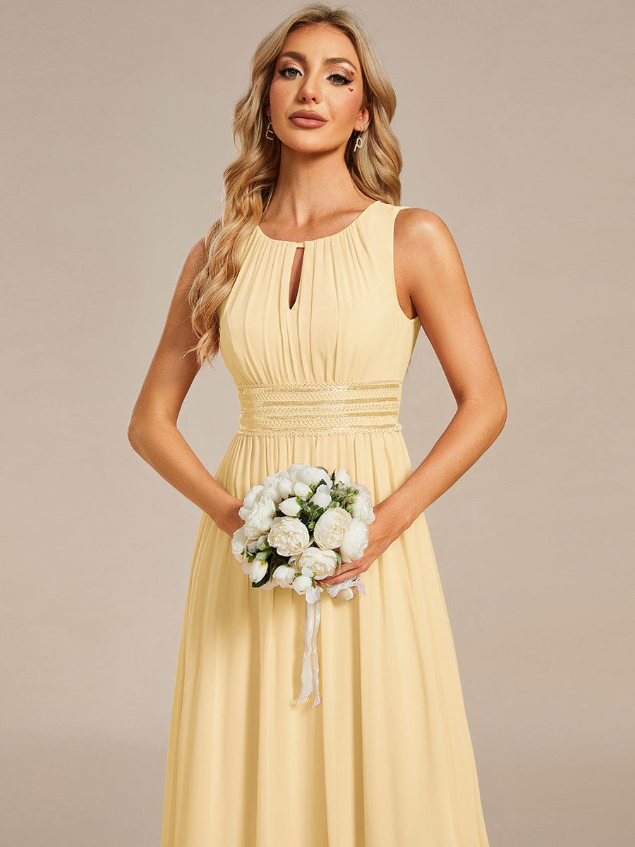 A-Line Chiffon Bridesmaid Dress with Sleeveless Round Neckline and Pleats #color_Yellow