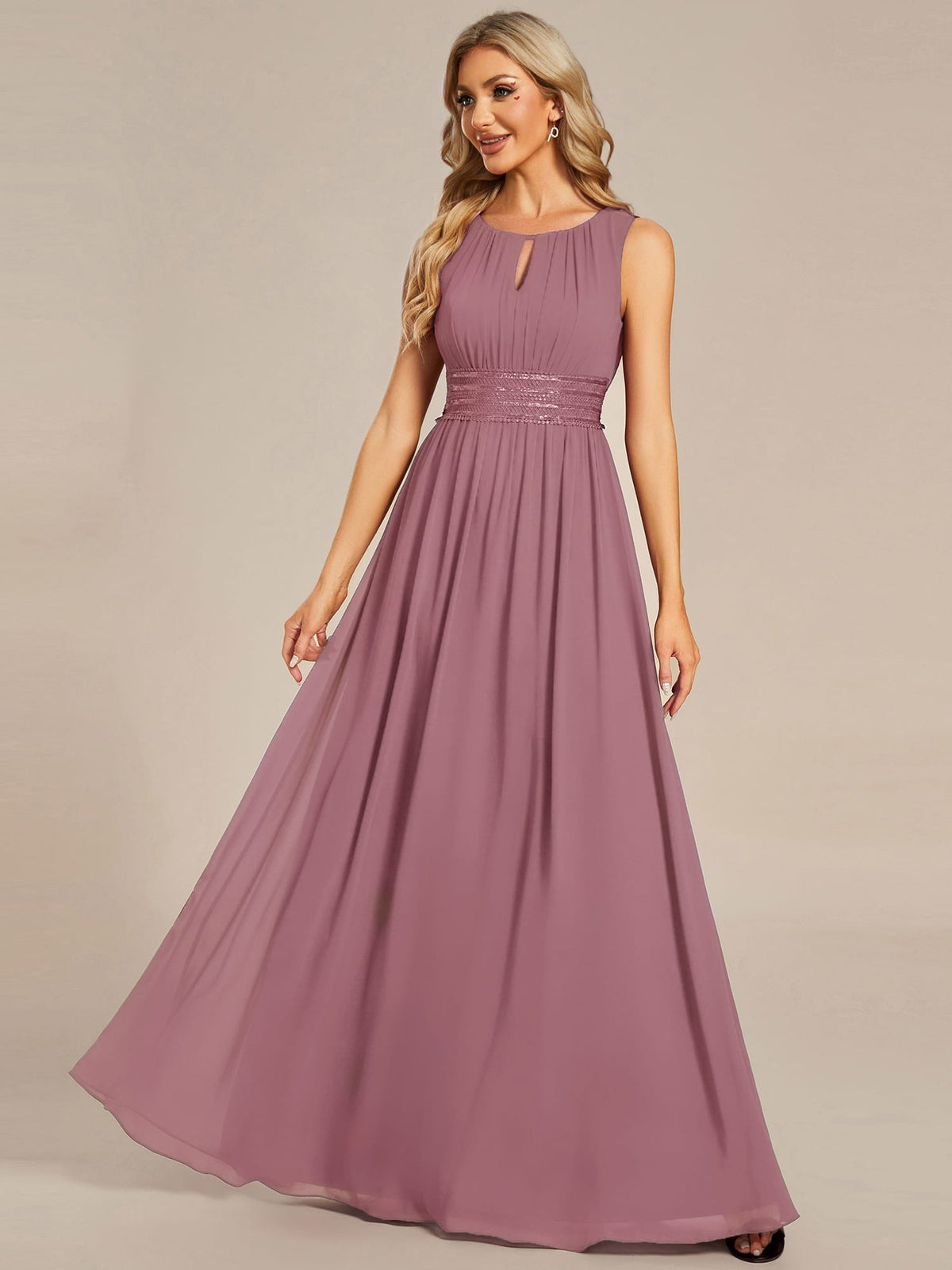 A-Line Chiffon Bridesmaid Dress with Sleeveless Round Neckline and Pleats #color_Purple Orchid