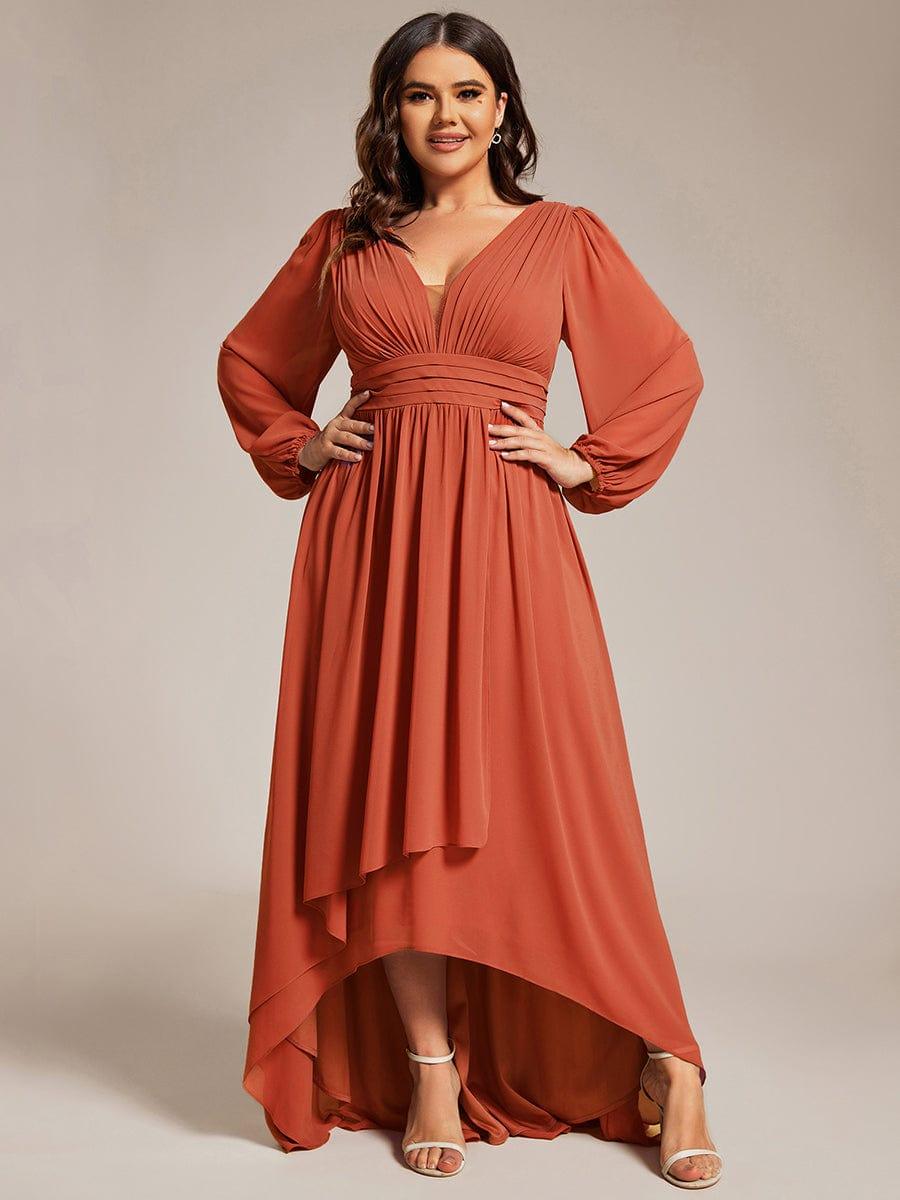 Plus Size Enchanting Chiffon Lantern Sleeve Pleated High Waist Bridesmaid Dress #color_Burnt Orange