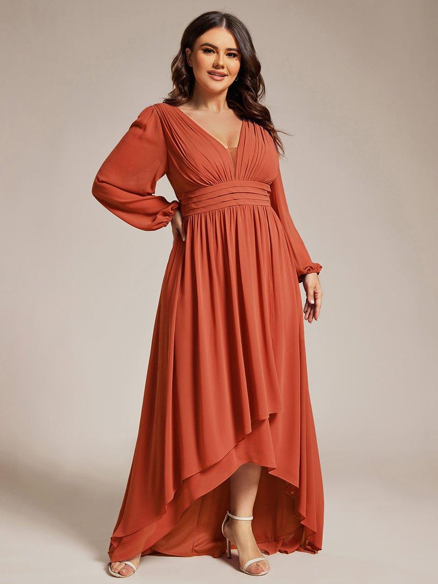 Plus Size Enchanting Chiffon Lantern Sleeve Pleated High Waist Bridesmaid Dress #color_Burnt Orange