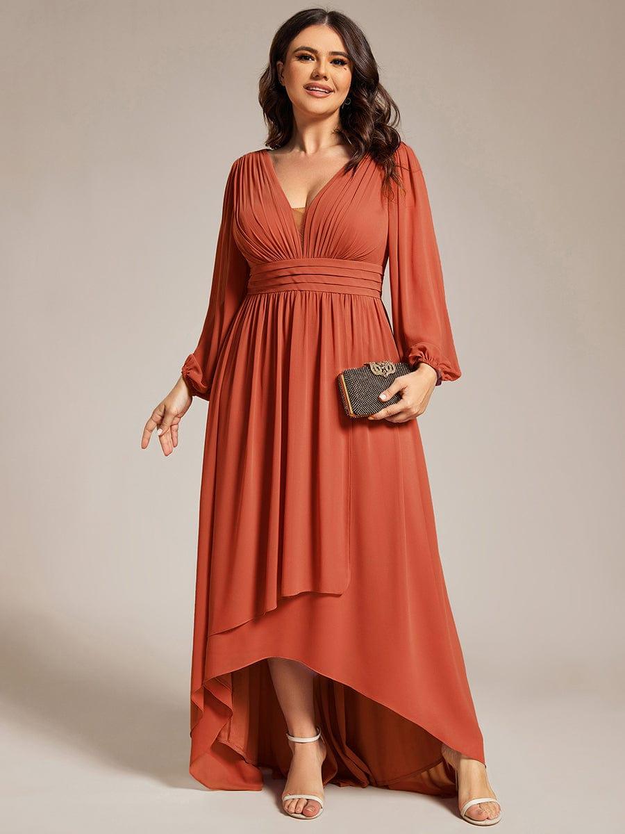Plus Size Enchanting Chiffon Lantern Sleeve Pleated High Waist Bridesmaid Dress #color_Burnt Orange
