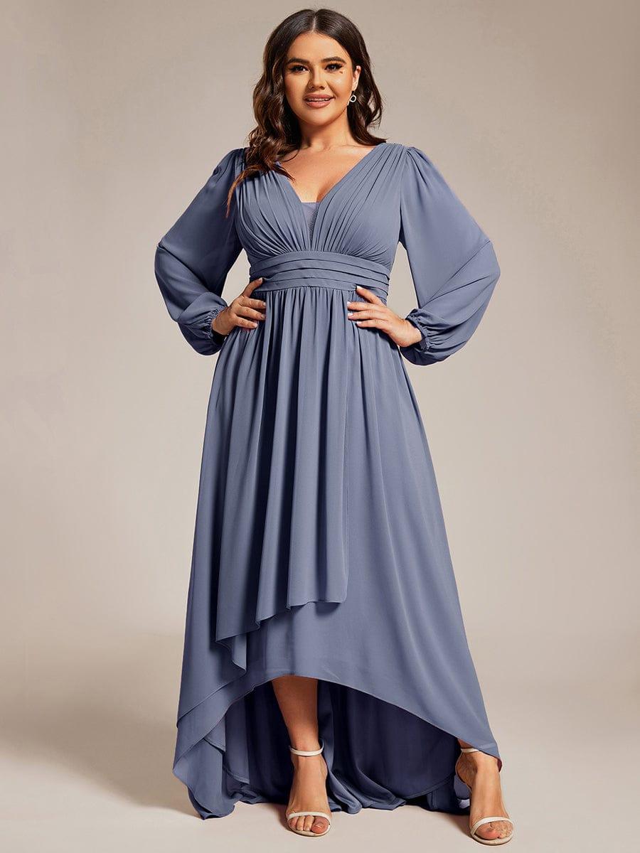 Plus Size Enchanting Chiffon Lantern Sleeve Pleated High Waist Bridesmaid Dress #color_Dusty Blue
