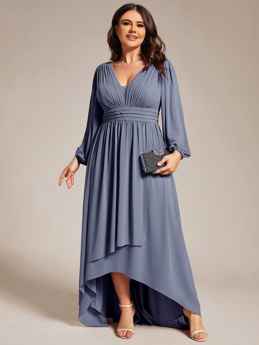 Plus Size Enchanting Chiffon Lantern Sleeve Pleated High Waist Bridesmaid Dress #color_Dusty Blue